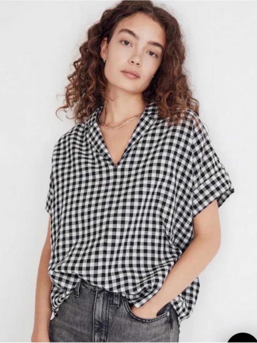 Madewell Double Faced Black & White Gingham Short-Sleeve Popover Shirt